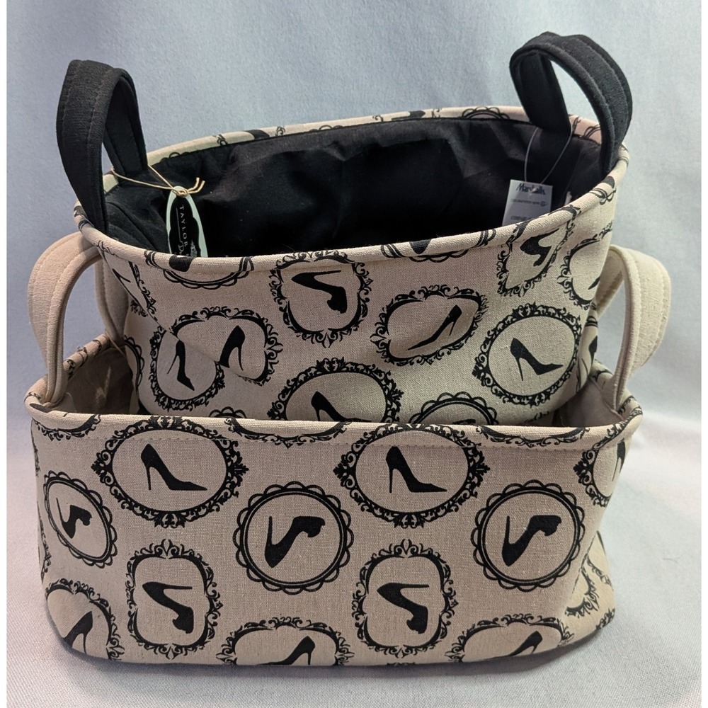 Taylor Madison Storage Baskets Set 2 OS Beige Black High Heel Shoe Cameo Print